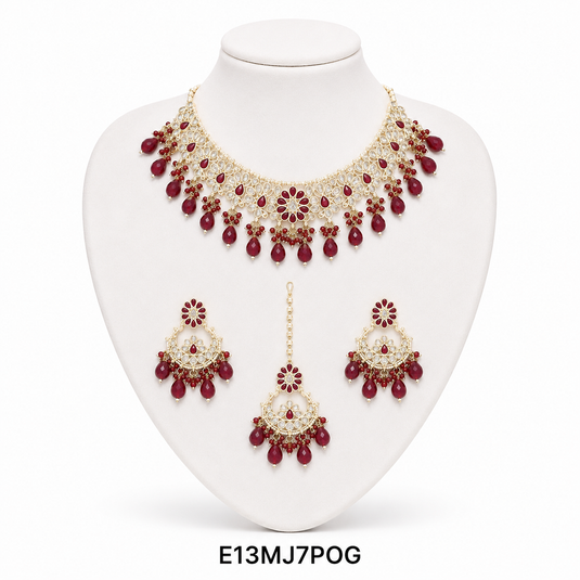 Meenakari Ethnic Kundan & Pearl Set - Choker, Earrings & Mangtikka in Yellow Gold - Red, Green & Multicolor