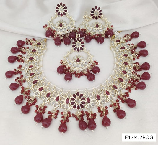 Meenakari Ethnic Kundan & Pearl Set - Choker, Earrings & Mangtikka in Yellow Gold - Red, Green & Multicolor