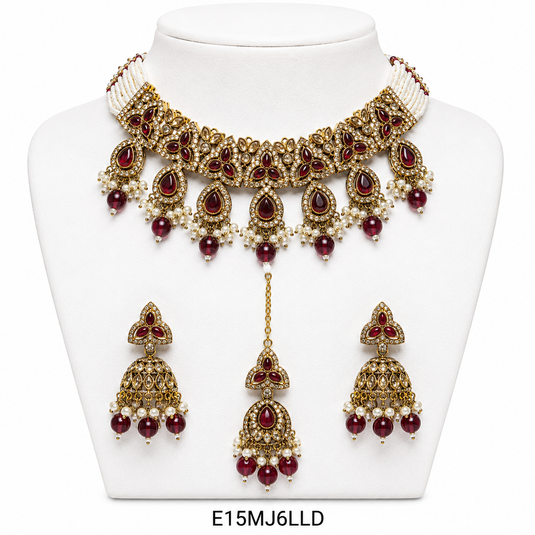 Meenakari Ethnic Kundan & Pearl Set - Choker, Earrings & Mangtikka in Mehendi Color - Pink, Maroon, Wine, Green, Red Green, Mint Pink