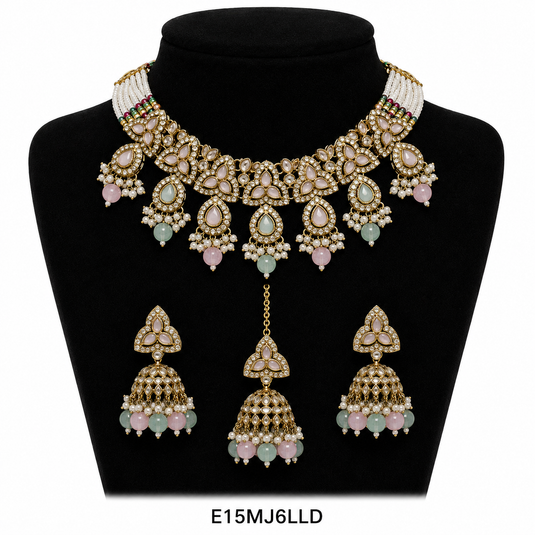Meenakari Ethnic Kundan & Pearl Set - Choker, Earrings & Mangtikka in Mehendi Color - Pink, Maroon, Wine, Green, Red Green, Mint Pink