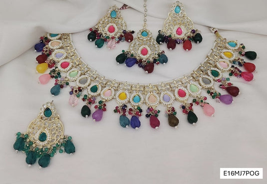 Meenakari Ethnic Kundan & Pearl Set - Choker, Earrings & Mangtikka in Yellow Gold - Green & Multicolor