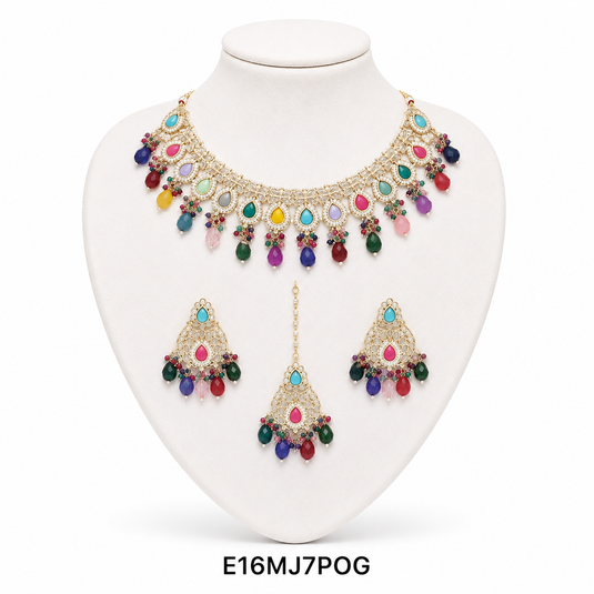 Meenakari Ethnic Kundan & Pearl Set - Choker, Earrings & Mangtikka in Yellow Gold - Red, Green & Multicolor