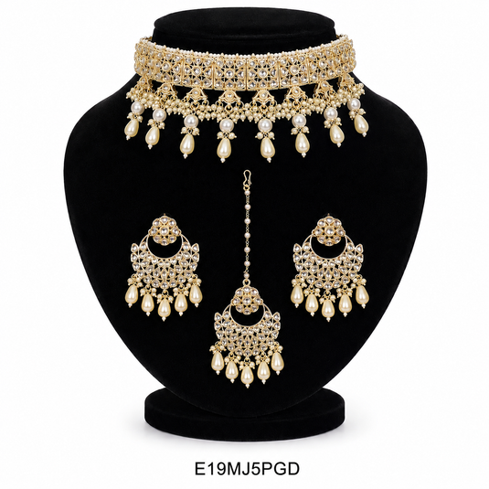 Meenakari Ethnic Kundan & Pearl Set - Choker, Earrings & Mangtikka in Yellow Gold - White & Multicolor