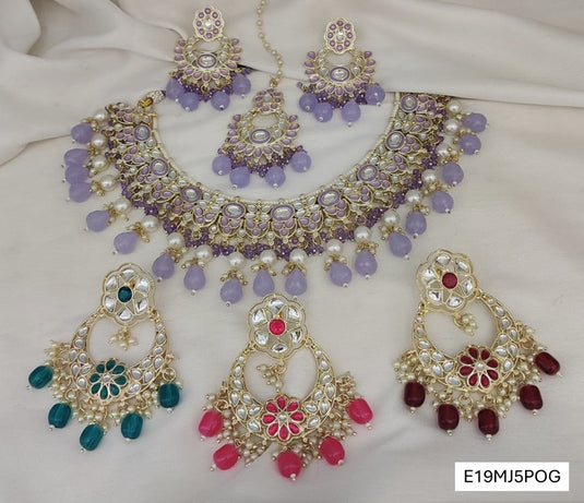 Meenakari Ethnic Kundan & Pearl Set - Choker, Earrings & Mangtikka in Yellow Gold - Light Blue, Maroon, Multicolor, Green, Violet, Red, Pink