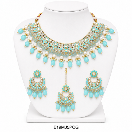 Meenakari Ethnic Kundan & Pearl Set - Choker, Earrings & Mangtikka in Yellow Gold - Light Blue, Maroon, Multicolor, Green, Violet, Red, Pink