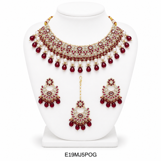 Meenakari Ethnic Kundan & Pearl Set - Choker, Earrings & Mangtikka in Yellow Gold - Light Blue, Maroon, Multicolor, Green, Violet, Red, Pink