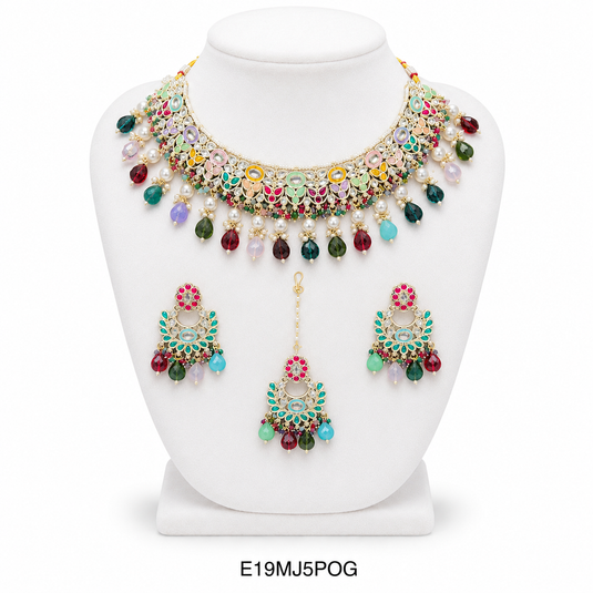 Meenakari Ethnic Kundan & Pearl Set - Choker, Earrings & Mangtikka in Yellow Gold - Light Blue, Maroon, Multicolor, Green, Violet, Red, Pink