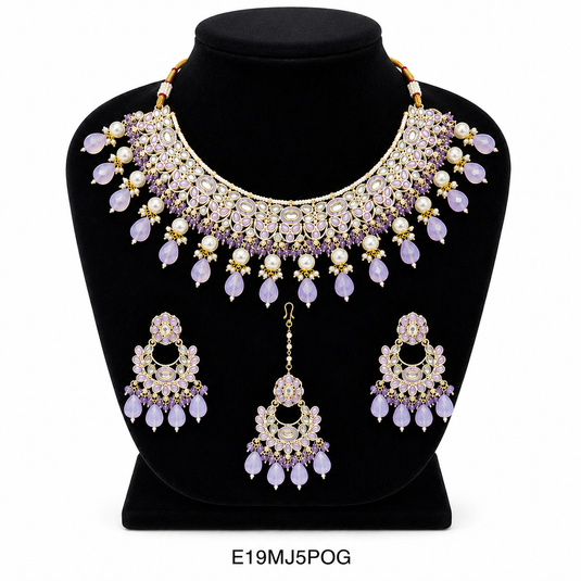 Meenakari Ethnic Kundan & Pearl Set - Choker, Earrings & Mangtikka in Yellow Gold - Light Blue, Maroon, Multicolor, Green, Violet, Red, Pink