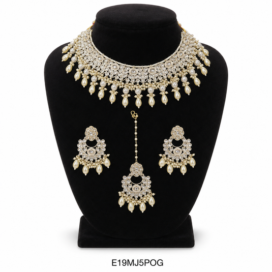 Meenakari Ethnic Kundan & Pearl Set - Choker, Earrings & Mangtikka in Yellow Gold - Light Blue, Maroon, Multicolor, Green, Violet, Red, Pink
