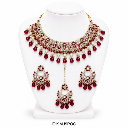 Meenakari Ethnic Kundan & Pearl Set - Choker, Earrings & Mangtikka in Yellow Gold - Light Blue, Maroon, Multicolor, Green, Violet, Red, Pink