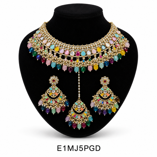 Meenakari Ethnic Kundan & Pearl Set - Choker, Earrings & Mangtikka in Yellow Gold - Red, White, Multi