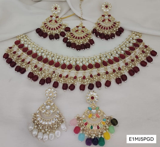 Meenakari Ethnic Kundan & Pearl Set - Choker, Earrings & Mangtikka in Yellow Gold - Red, White, Multi
