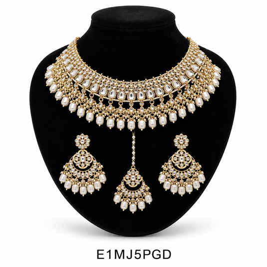 Meenakari Ethnic Kundan & Pearl Set - Choker, Earrings & Mangtikka in Yellow Gold - Red, White, Multi