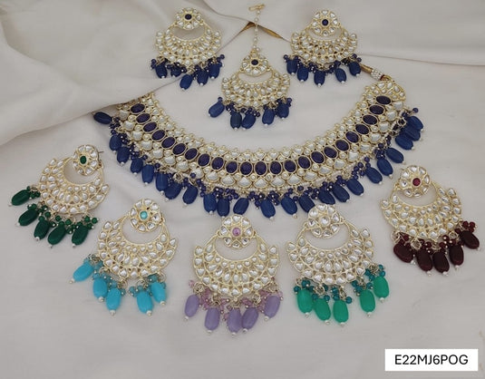 Meenakari Ethnic Kundan & Pearl Set - Choker, Earrings & Mangtikka in Yellow Gold - Navy Blue, Light Blue, Maroon, Matte Green, Dark Green, Violet