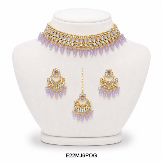 Meenakari Ethnic Kundan & Pearl Set - Choker, Earrings & Mangtikka in Yellow Gold - Navy Blue, Light Blue, Maroon, Mint Green, Dark Green, Violet