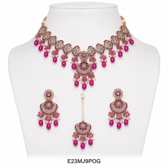Meenakari Ethnic Kundan & Pearl Set - Choker, Earrings & Mangtikka in Mehendi Color - White, Light Pink, Dark Pink, Multicolor