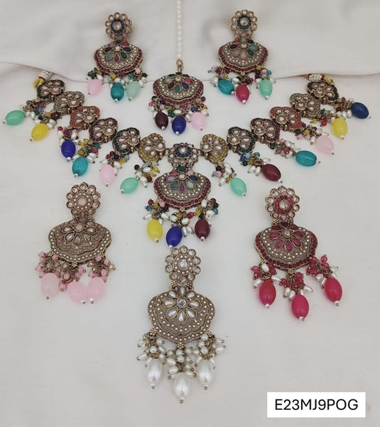 Meenakari Ethnic Kundan & Pearl Set - Choker, Earrings & Mangtikka in Mehendi Color - White, Light Pink, Dark Pink, Multicolor