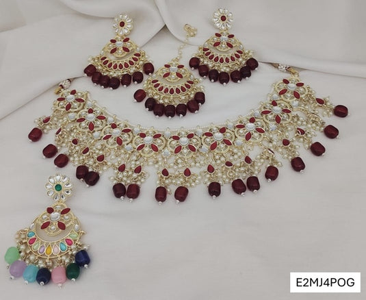 Meenakari Ethnic Kundan & Pearl Set - Choker, Earrings & Mangtikka in Yellow Gold - Red, Multi