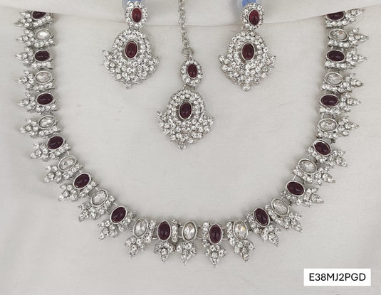 Meenakari Ethnic Kundan & Pearl Set - Choker, Earrings & Mangtikka in Silver Color - Maroon, Orange, Mint, Plain