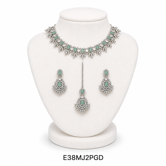 Meenakari Ethnic Kundan & Pearl Set - Choker, Earrings & Mangtikka in Silver Color - Maroon, Orange, Mint, Plain