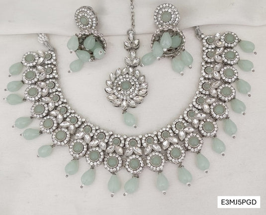 Meenakari Ethnic Kundan & Pearl Set - Choker, Earrings & Mangtikka in Silver Color - Mint Green