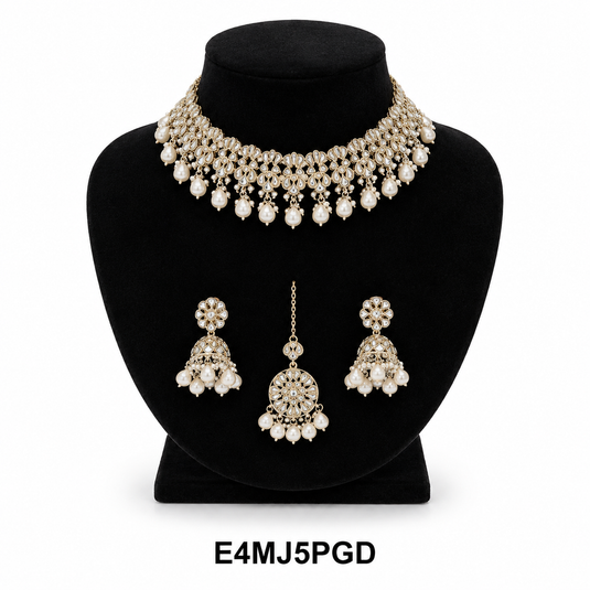 Meenakari Ethnic Kundan & Pearl Set - Choker, Earrings & Mangtikka in Yellow Gold - White