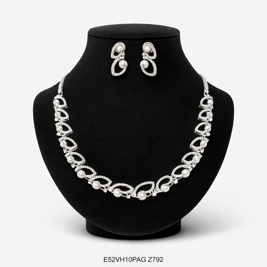 Premium AAA Grade Cubic Zircon / American Diamond Pearl Sets - Necklace & Earrings