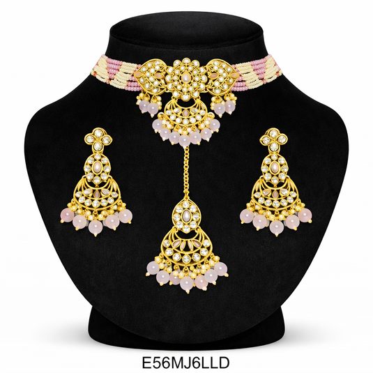 Meenakari Ethnic Kundan & Pearl Set - Choker, Earrings & Mangtikka in Mehendi Color - Red, Light Pink, Dark Purple, White, Mint Green, Maroon, Light Blue