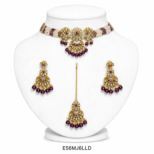 Meenakari Ethnic Kundan & Pearl Set - Choker, Earrings & Mangtikka in Mehendi Color - Red, Light Pink, Dark Purple, White, Mint Green, Maroon, Light Blue
