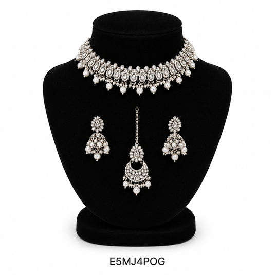 Meenakari Ethnic Kundan & Pearl Set - Choker, Earrings & Mangtikka in Silver Color - White