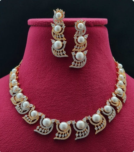 Premium AAA Grade Cubic Zircon / American Diamond Pearl Sets - Necklace & Earrings