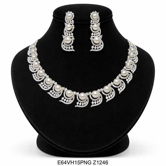 Premium AAA Grade Cubic Zircon / American Diamond Pearl Sets - Necklace & Earrings