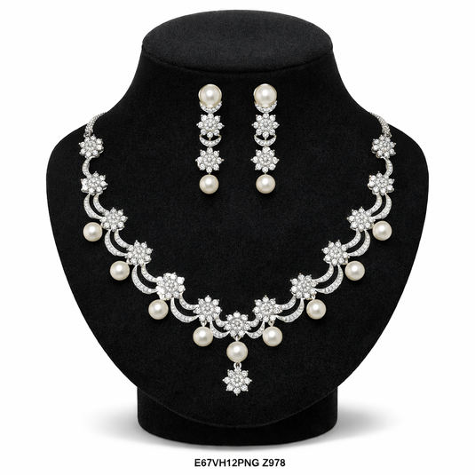 Premium AAA Grade Cubic Zircon / American Diamond Pearl Sets - Necklace & Earrings