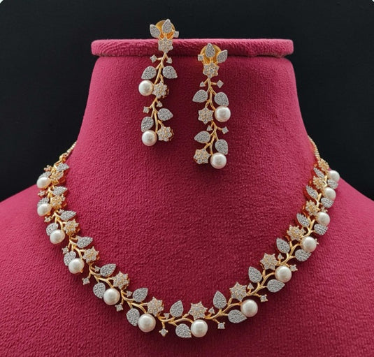 Premium AAA Grade Cubic Zircon / American Diamond Pearl Sets - Necklace & Earrings