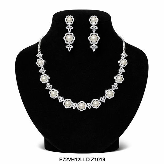 Premium AAA Grade Cubic Zircon / American Diamond Pearl Sets - Necklace & Earrings