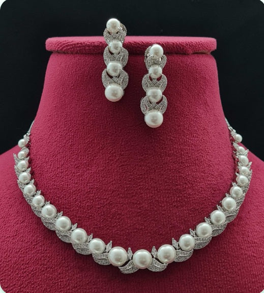 Premium AAA Grade Cubic Zircon / American Diamond Pearl Sets - Necklace & Earrings