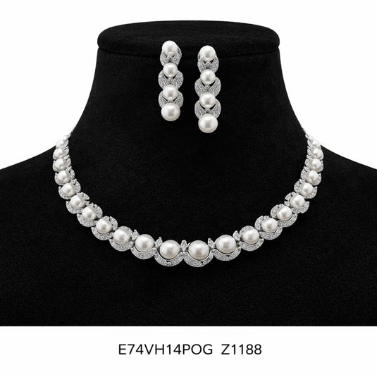 Premium AAA Grade Cubic Zircon / American Diamond Pearl Sets - Necklace & Earrings