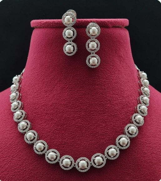 Premium AAA Grade Cubic Zircon / American Diamond Pearl Sets - Necklace & Earrings
