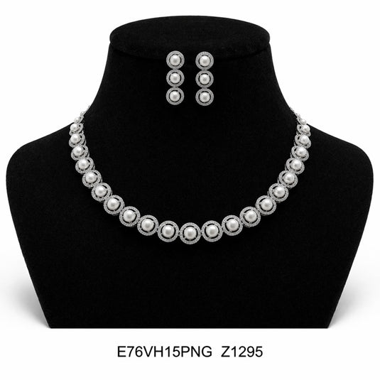 Premium AAA Grade Cubic Zircon / American Diamond Pearl Sets - Necklace & Earrings