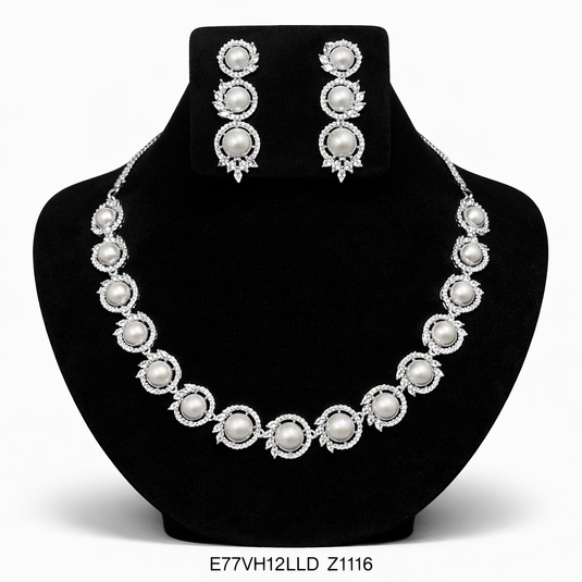 Premium AAA Grade Cubic Zircon / American Diamond Pearl Sets - Necklace & Earrings