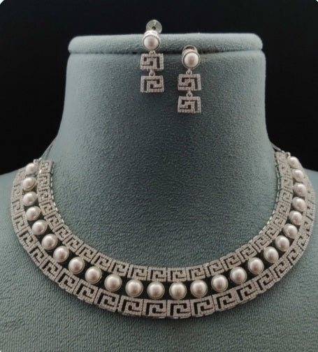 Premium AAA Grade Cubic Zircon / American Diamond Pearl Sets - Necklace & Earrings