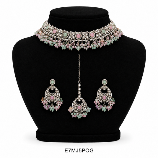 Meenakari Ethnic Kundan & Pearl Set - Choker, Earrings & Mangtikka in Silver Color - White, Mint Pink