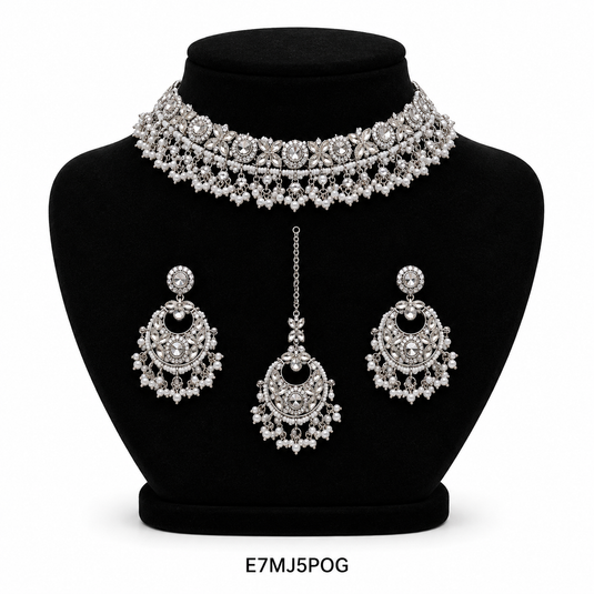 Meenakari Ethnic Kundan & Pearl Set - Choker, Earrings & Mangtikka in Silver Color - White, Mint Pink