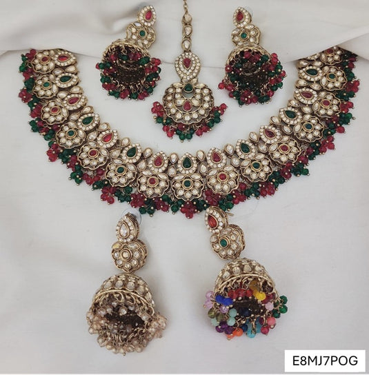 Meenakari Ethnic Kundan & Pearl Set - Choker, Earrings & Mangtikka in Mehendi Color - Multicolor & Plain