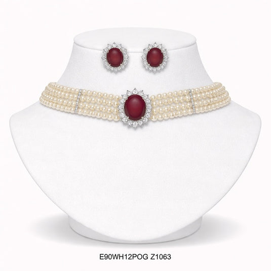 Premium AAA Grade Cubic Zircon / American Diamond Choker Pearl Sets - Necklace & Earrings - Blue Green Red Purple