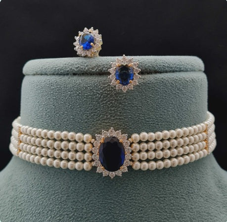Premium AAA Grade Cubic Zircon / American Diamond Choker Pearl Sets - Necklace & Earrings - Blue Pink Green Black Red