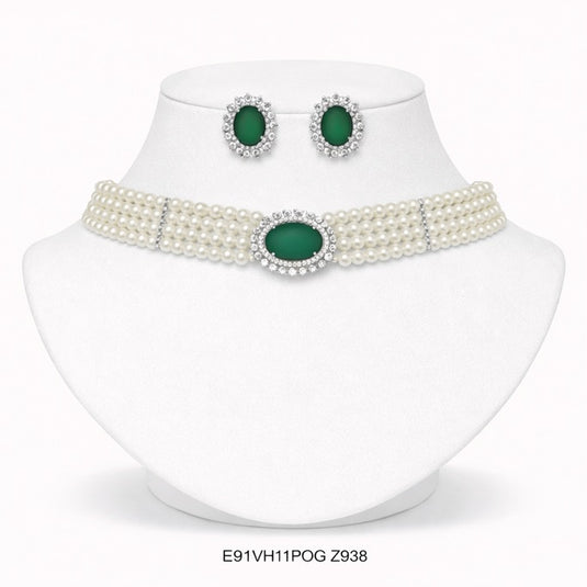 Premium AAA Grade Cubic Zircon / American Diamond Choker Pearl Sets - Necklace & Earrings - Blue Green Red Purple (Copy)