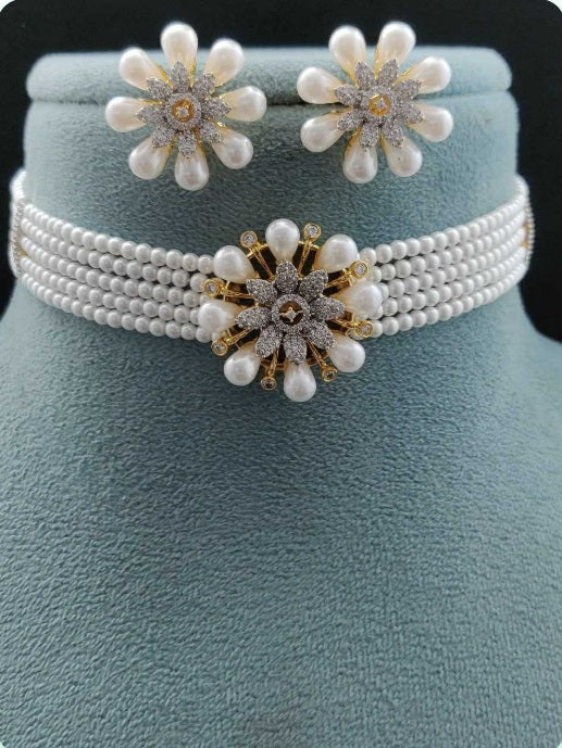 Premium AAA Grade Cubic Zircon / American Diamond Choker Pearl Sets - Necklace & Earrings