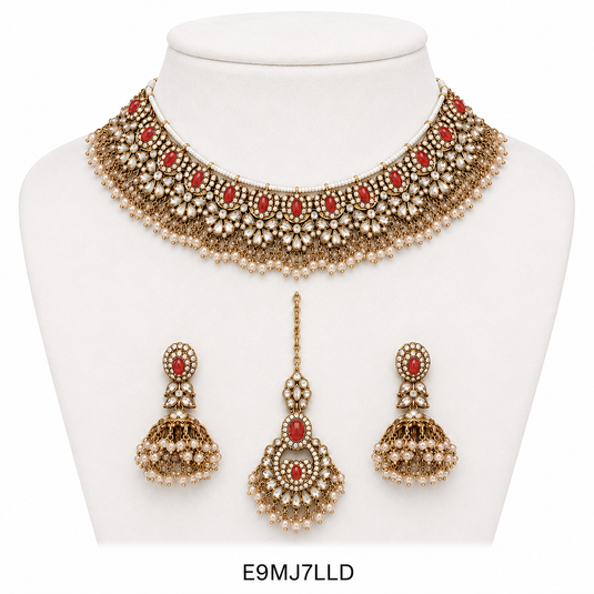 Meenakari Ethnic Kundan & Pearl Set - Choker, Earrings & Mangtikka in Mehendi Color - Orange, Multicolor & Wine Color