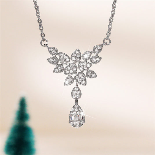 Luxury Premium Leaf Design AD Collection Cubic Zircon Stud Drop Necklace